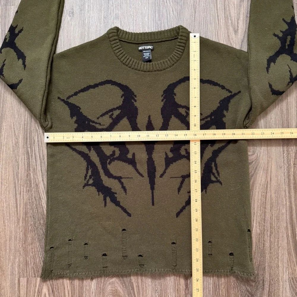 Hot Topic Mens Olive Green Graphic Knit Sweater Distressed Punk Goth Small
